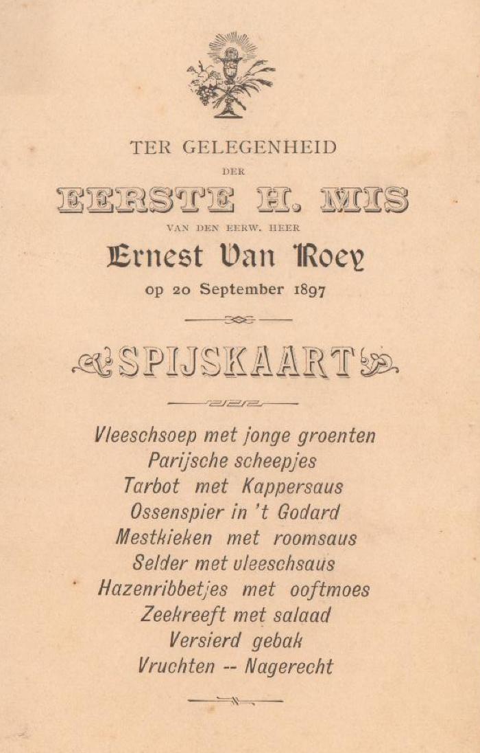 Menukaart, eerste heilige mis, Van Roey, 1897