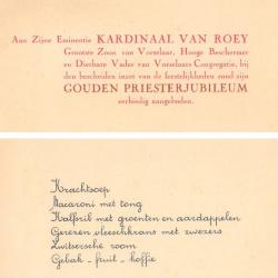 Uitnodiging met menu ter gelegenheid van de feestelijkheden rond de gouden priesterjubileum van Jozef Ernest Van Roey.