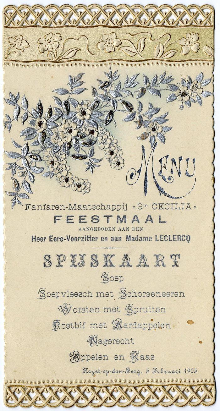 Heist-op-den-Berg, spijskaart voor de fanfare Sint-Cecilia