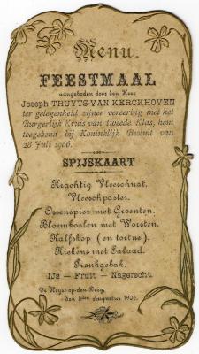 Heist-op-den-Berg, menukaart van een feestmaal aangeboden door Joseph Truyts
