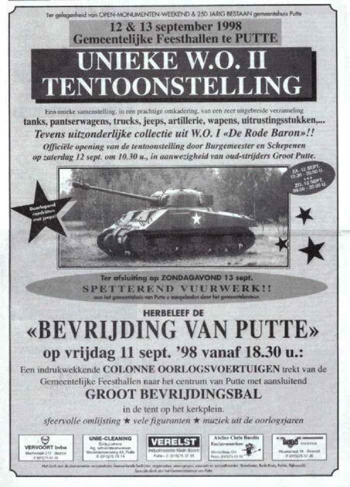 Affiche 'unieke WOII tentoonstelling en bevrijding van Putte'.
