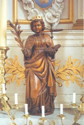 Heist-op-den-Berg, lindehouten beeldje van de heilige Lucia  in de parochiekerk 