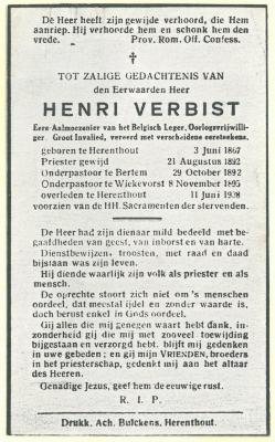 Herenthout, doodsprentje Henri Verbist,1938