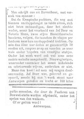 Herenthout, Koninklijke Fanfare Sint-Pieter helpt aardappelboeren, 1899