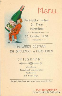 Herenthout, 60 jaar Koninklijke Fanfare Sint-Pieter, menukaart,1930