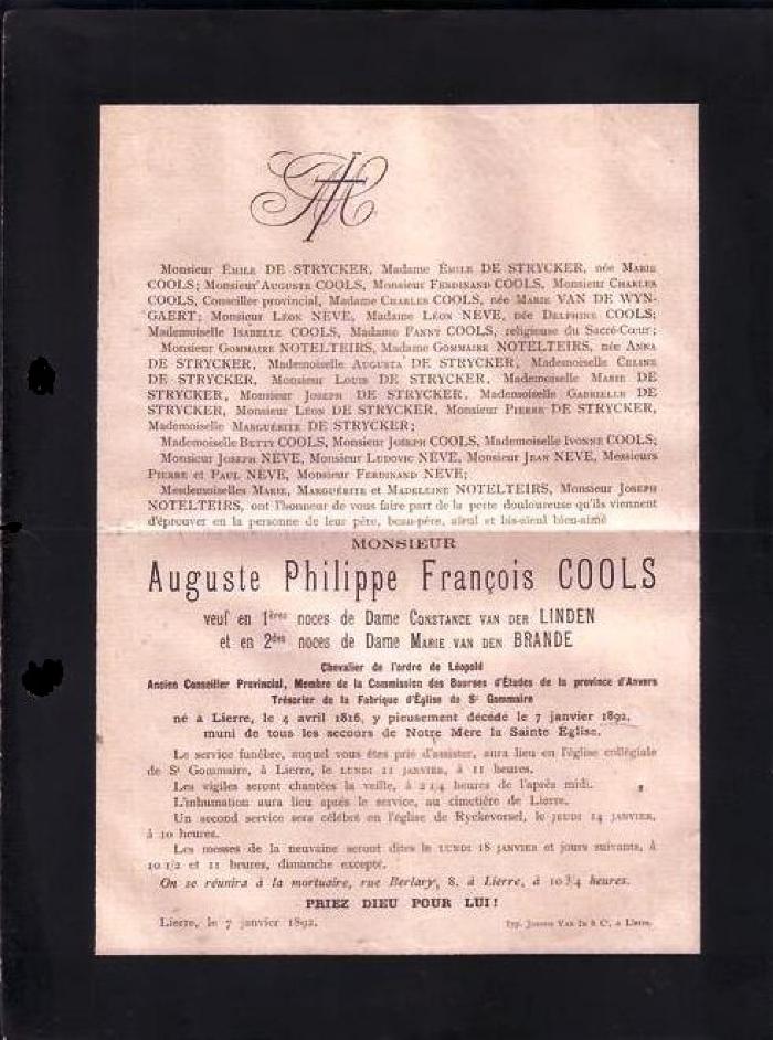 Lier, doodsbrief Auguste Cools