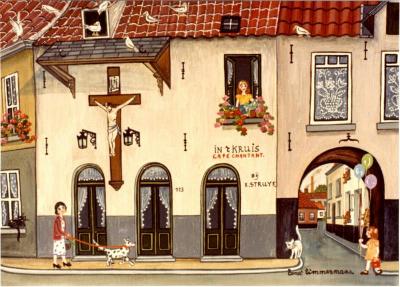 Schilderij (Café in 't Kruis) door Tonet Timmermans. Dochter (° Lier, 1926) van Felix Timmermans.