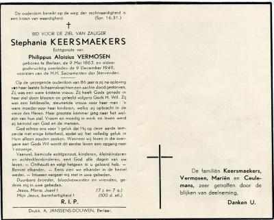 Berlaar, bidprentje Stephania Keersmaekers, 1949

 