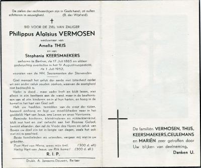 Berlaar, bidprentje Philippus Vermosen, 1952