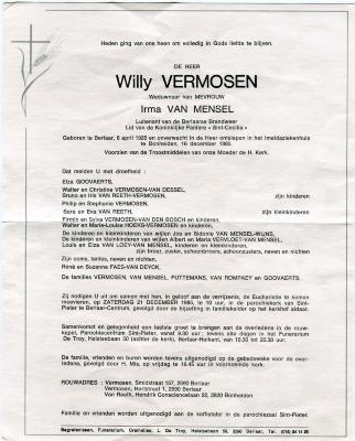 Berlaar, overlijdensbericht Willy Vermosen, 1985

 