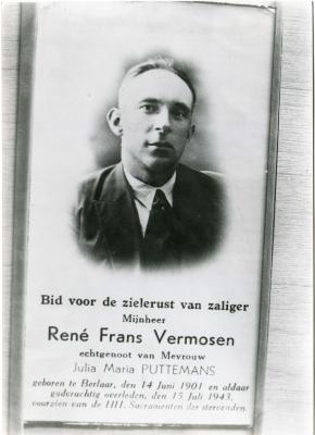 Berlaar, bidprentje René Vermosen, 1943