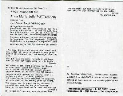 Berlaar, overlijdensbericht Anna Puttemans, 1978
